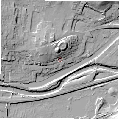Shaded relief map of the ground around S640HF, computed from Environment Agency LiDAR. The ground here sits at about 19 m above sea level and falls 23 m across the surrounding 800 m. Surface water reaching this point runs off ground lying to the north-west, 11.8 m higher.