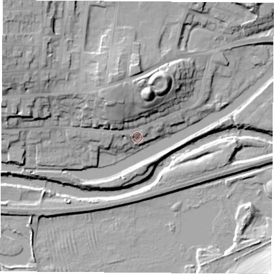 Shaded relief map of the ground around S640HG, computed from Environment Agency LiDAR. The ground here sits at about 18 m above sea level and falls 25 m across the surrounding 800 m. Surface water reaching this point runs off ground lying to the north-west, 13.7 m higher.