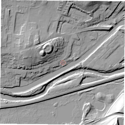 Shaded relief map of the ground around S640HH, computed from Environment Agency LiDAR. The ground here sits at about 16 m above sea level and falls 26 m across the surrounding 800 m. Surface water reaching this point runs off ground lying to the west-north-west, 16.9 m higher.