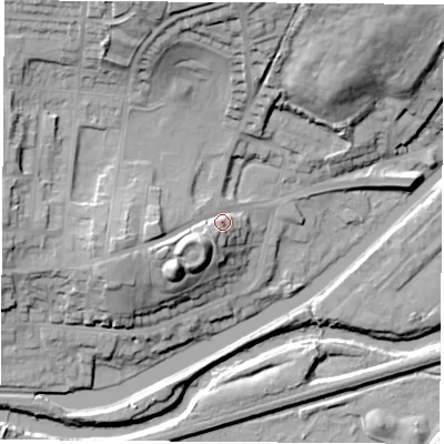 Shaded relief map of the ground around S640HL, computed from Environment Agency LiDAR. The ground here sits at about 23 m above sea level and falls 30 m across the surrounding 800 m. Surface water reaching this point runs off ground lying to the west-south-west, 9.9 m higher.