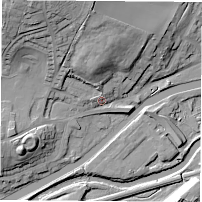 Shaded relief map of the ground around S640JD, computed from Environment Agency LiDAR. The ground here sits at about 19 m above sea level and falls 38 m across the surrounding 800 m. Surface water reaching this point runs off ground lying to the north, 24.9 m higher.