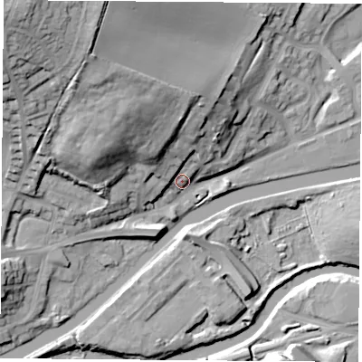 Shaded relief map of the ground around S640JE, computed from Environment Agency LiDAR. The ground here sits at about 17 m above sea level and falls 38 m across the surrounding 800 m. Surface water reaching this point runs off ground lying to the north-west, 23.8 m higher.