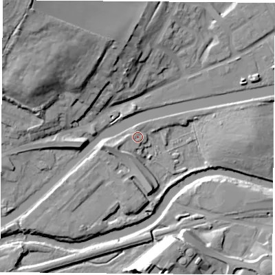 Shaded relief map of the ground around S640JF, computed from Environment Agency LiDAR. The ground here sits at about 15 m above sea level and falls 31 m across the surrounding 800 m. Surface water reaching this point runs off ground lying to the west-south-west, 2.7 m higher.