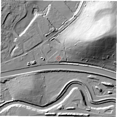 Shaded relief map of the ground around S640JJ, computed from Environment Agency LiDAR. The ground here sits at about 15 m above sea level and falls 42 m across the surrounding 800 m. Surface water reaching this point runs off ground lying to the north-east, 13.4 m higher.