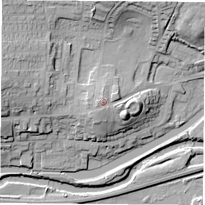 Shaded relief map of the ground around S640LU, computed from Environment Agency LiDAR. The ground here sits at about 29 m above sea level and falls 28 m across the surrounding 800 m. Surface water reaching this point runs off ground lying to the west-south-west, 1.6 m higher.