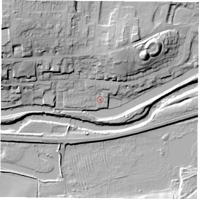 Shaded relief map of the ground around S640ND, computed from Environment Agency LiDAR. The ground here sits at about 17 m above sea level and falls 31 m across the surrounding 800 m. Surface water reaching this point runs off ground lying to the north-west, 25.8 m higher.