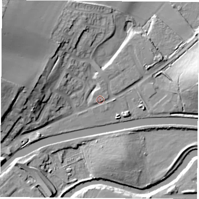Shaded relief map of the ground around S640NG, computed from Environment Agency LiDAR. The ground here sits at about 15 m above sea level and falls 25 m across the surrounding 800 m. Surface water reaching this point runs off ground lying to the north-north-west, 1.4 m higher.