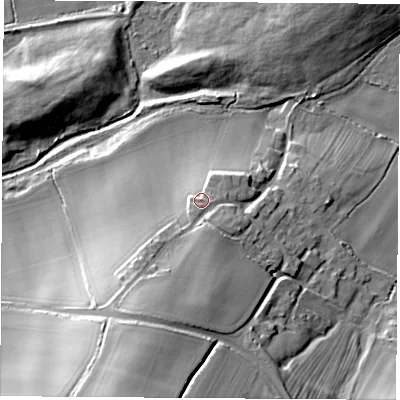 Shaded relief map of the ground around S640NL, computed from Environment Agency LiDAR. The ground here sits at about 30 m above sea level and falls 36 m across the surrounding 800 m. Surface water reaching this point runs off ground lying to the south-south-west, 13.1 m higher.