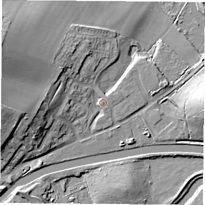 Shaded relief map of the ground around S640NQ, computed from Environment Agency LiDAR. The ground here sits at about 16 m above sea level and falls 26 m across the surrounding 800 m. Surface water reaching this point runs off ground lying to the west-north-west, 21.1 m higher.