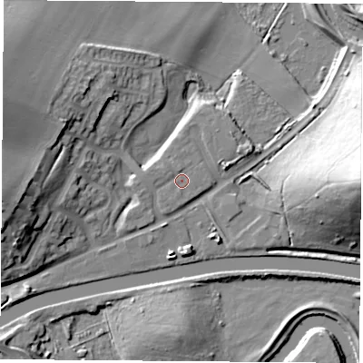 Shaded relief map of the ground around S640NU, computed from Environment Agency LiDAR. The ground here sits at about 15 m above sea level and falls 31 m across the surrounding 800 m. Surface water reaching this point runs off ground lying to the north-west, 1.0 m higher.