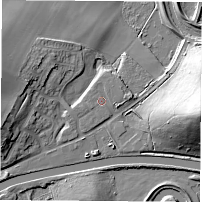 Shaded relief map of the ground around S640NW, computed from Environment Agency LiDAR. The ground here sits at about 15 m above sea level and falls 34 m across the surrounding 800 m. Surface water reaching this point runs off ground lying to the west-south-west, 1.0 m higher.