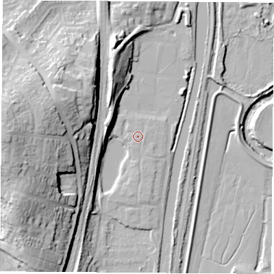 Shaded relief map of the ground around S645SD, computed from Environment Agency LiDAR. The ground here sits at about 19 m above sea level and falls 38 m across the surrounding 800 m. Surface water reaching this point runs off ground lying to the east, 0.9 m higher.