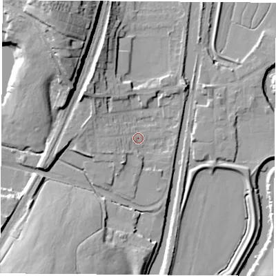 Shaded relief map of the ground around S645SJ, computed from Environment Agency LiDAR. The ground here sits at about 20 m above sea level and falls 30 m across the surrounding 800 m. Surface water reaching this point runs off ground lying to the west-south-west, 6.3 m higher.
