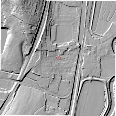 Shaded relief map of the ground around S645SL, computed from Environment Agency LiDAR. The ground here sits at about 19 m above sea level and falls 32 m across the surrounding 800 m. Surface water reaching this point runs off ground lying to the west-north-west, 10.7 m higher.