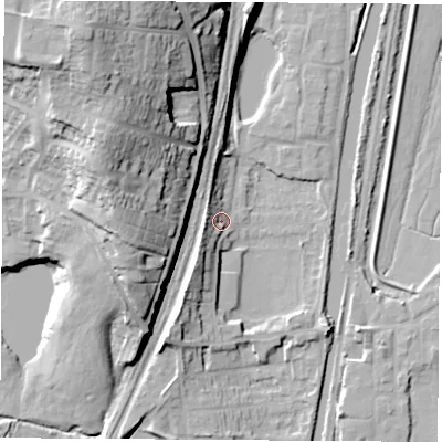 Shaded relief map of the ground around S645SN, computed from Environment Agency LiDAR. The ground here sits at about 20 m above sea level and falls 36 m across the surrounding 800 m. Surface water reaching this point runs off ground lying to the south-west, 7.6 m higher.
