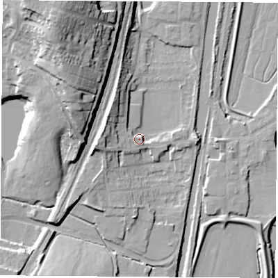 Shaded relief map of the ground around S645SQ, computed from Environment Agency LiDAR. The ground here sits at about 21 m above sea level and falls 33 m across the surrounding 800 m. Surface water reaching this point runs off ground lying to the west-north-west, 4.6 m higher.