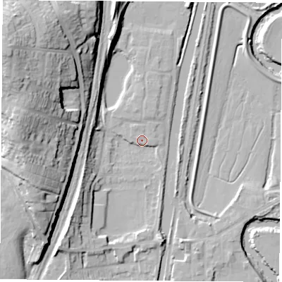Shaded relief map of the ground around S645SR, computed from Environment Agency LiDAR. The ground here sits at about 19 m above sea level and falls 38 m across the surrounding 800 m. Surface water reaching this point runs off ground lying to the west-north-west, 33.5 m higher.