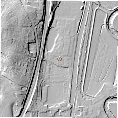 Shaded relief map of the ground around S645SS, computed from Environment Agency LiDAR. The ground here sits at about 19 m above sea level and falls 38 m across the surrounding 800 m. Surface water reaching this point runs off ground lying to the north, 1.4 m higher.