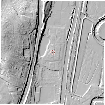Shaded relief map of the ground around S645ST, computed from Environment Agency LiDAR. The ground here sits at about 20 m above sea level and falls 38 m across the surrounding 800 m. Surface water reaching this point runs off ground lying to the south-south-east, 0.6 m higher.