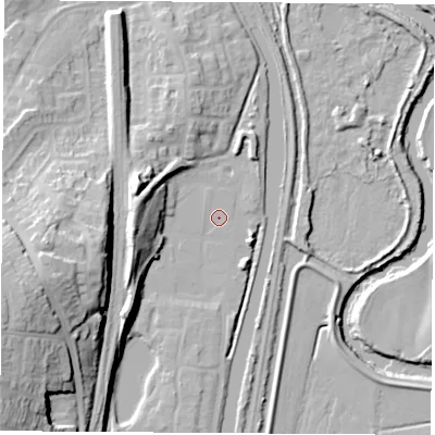 Shaded relief map of the ground around S645SU, computed from Environment Agency LiDAR. The ground here sits at about 18 m above sea level and falls 33 m across the surrounding 800 m. Surface water reaching this point runs off ground lying to the west, 13.1 m higher.