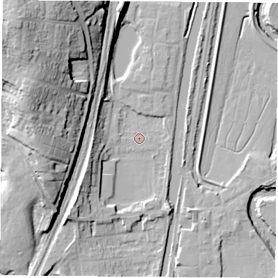 Shaded relief map of the ground around S645SW, computed from Environment Agency LiDAR. The ground here sits at about 18 m above sea level and falls 38 m across the surrounding 800 m. Surface water reaching this point runs off ground lying to the south-west, 10.0 m higher.