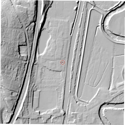 Shaded relief map of the ground around S645SY, computed from Environment Agency LiDAR. The ground here sits at about 19 m above sea level and falls 35 m across the surrounding 800 m. Surface water reaching this point runs off ground lying to the north-north-west, 1.7 m higher.