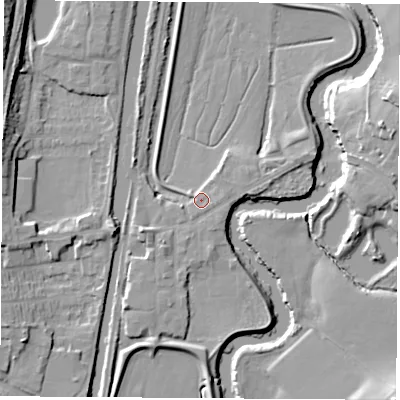Shaded relief map of the ground around S645TA, computed from Environment Agency LiDAR. The ground here sits at about 18 m above sea level and falls 16 m across the surrounding 800 m. Surface water reaching this point runs off ground lying to the east-north-east, 1.2 m higher.