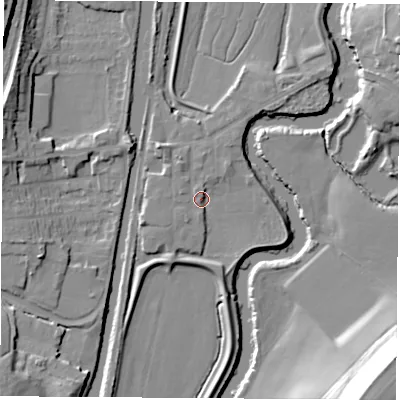 Shaded relief map of the ground around S645TF, computed from Environment Agency LiDAR. The ground here sits at about 19 m above sea level and falls 33 m across the surrounding 800 m. Surface water reaching this point runs off ground lying to the south-south-east, 2.6 m higher.