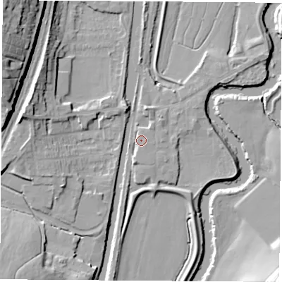 Shaded relief map of the ground around S645TG, computed from Environment Agency LiDAR. The ground here sits at about 19 m above sea level and falls 28 m across the surrounding 800 m. Surface water reaching this point runs off ground lying to the south-south-west, 3.8 m higher.