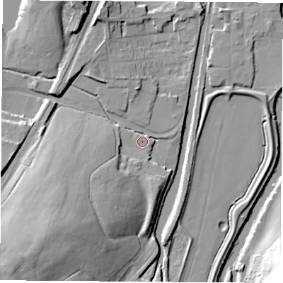 Shaded relief map of the ground around S645TH, computed from Environment Agency LiDAR. The ground here sits at about 21 m above sea level and falls 30 m across the surrounding 800 m. Surface water reaching this point runs off ground lying to the south-south-west, 2.4 m higher.