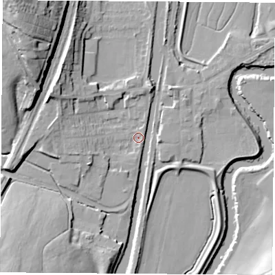 Shaded relief map of the ground around S645TQ, computed from Environment Agency LiDAR. The ground here sits at about 18 m above sea level and falls 30 m across the surrounding 800 m. Surface water reaching this point runs off ground lying to the south-south-west, 15.0 m higher.