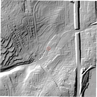 Shaded relief map of the ground around S645US, computed from Environment Agency LiDAR. The ground here sits at about 25 m above sea level and falls 39 m across the surrounding 800 m. Surface water reaching this point runs off ground lying to the west, 30.9 m higher.