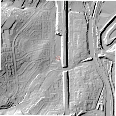 Shaded relief map of the ground around S645UZ, computed from Environment Agency LiDAR. The ground here sits at about 20 m above sea level and falls 30 m across the surrounding 800 m. Surface water reaching this point runs off ground lying to the west, 23.5 m higher.