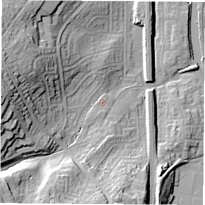 Shaded relief map of the ground around S645WA, computed from Environment Agency LiDAR. The ground here sits at about 23 m above sea level and falls 37 m across the surrounding 800 m. Surface water reaching this point runs off ground lying to the west, 30.5 m higher.