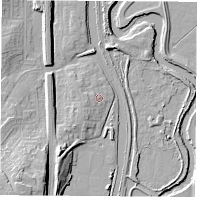 Shaded relief map of the ground around S645WG, computed from Environment Agency LiDAR. The ground here sits at about 21 m above sea level and falls 31 m across the surrounding 800 m. Surface water reaching this point runs off ground lying to the west-south-west, 3.5 m higher.