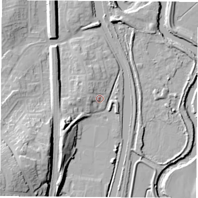 Shaded relief map of the ground around S645WH, computed from Environment Agency LiDAR. The ground here sits at about 21 m above sea level and falls 33 m across the surrounding 800 m. Surface water reaching this point runs off ground lying to the north-west, 4.6 m higher.