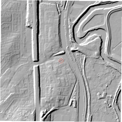 Shaded relief map of the ground around S645WL, computed from Environment Agency LiDAR. The ground here sits at about 19 m above sea level and falls 23 m across the surrounding 800 m. Surface water reaching this point runs off ground lying to the south-south-west, 2.7 m higher.