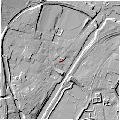 Shaded relief map of the ground around S648AA, computed from Environment Agency LiDAR. The ground here sits at about 18 m above sea level and falls 21 m across the surrounding 800 m. Surface water reaching this point runs off ground lying to the west, 1.7 m higher.