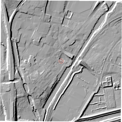 Shaded relief map of the ground around S648AH, computed from Environment Agency LiDAR. The ground here sits at about 17 m above sea level and falls 17 m across the surrounding 800 m. Surface water reaching this point runs off ground lying to the west-north-west, 12.1 m higher.