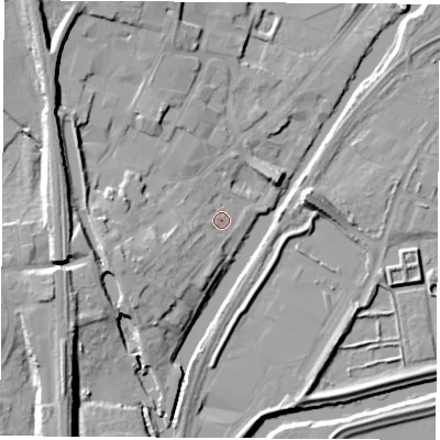 Shaded relief map of the ground around S648AJ, computed from Environment Agency LiDAR. The ground here sits at about 18 m above sea level and falls 16 m across the surrounding 800 m. Surface water reaching this point runs off ground lying to the south-west, 7.8 m higher.