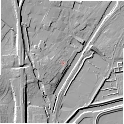 Shaded relief map of the ground around S648AL, computed from Environment Agency LiDAR. The ground here sits at about 20 m above sea level and falls 16 m across the surrounding 800 m. Surface water reaching this point runs off ground lying to the west-south-west, 6.3 m higher.
