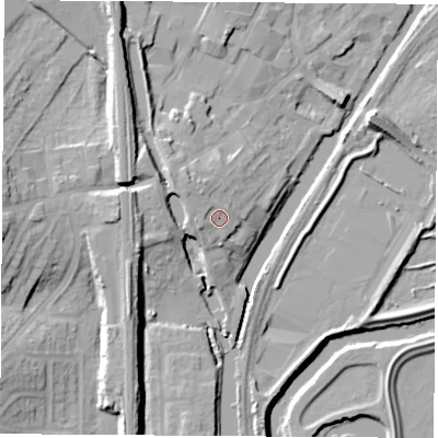 Shaded relief map of the ground around S648AN, computed from Environment Agency LiDAR. The ground here sits at about 23 m above sea level and falls 19 m across the surrounding 800 m. Surface water reaching this point runs off ground lying to the north-west, 2.2 m higher.