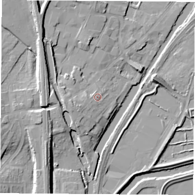 Shaded relief map of the ground around S648AW, computed from Environment Agency LiDAR. The ground here sits at about 22 m above sea level and falls 16 m across the surrounding 800 m. Surface water reaching this point runs off ground lying to the west-south-west, 5.3 m higher.