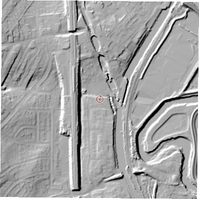 Shaded relief map of the ground around S648FA, computed from Environment Agency LiDAR. The ground here sits at about 20 m above sea level and falls 22 m across the surrounding 800 m. Surface water reaching this point runs off ground lying to the north-west, 10.3 m higher.