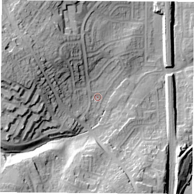 Shaded relief map of the ground around S648SR, computed from Environment Agency LiDAR. The ground here sits at about 25 m above sea level and falls 42 m across the surrounding 800 m. Surface water reaching this point runs off ground lying to the west-north-west, 35.1 m higher.
