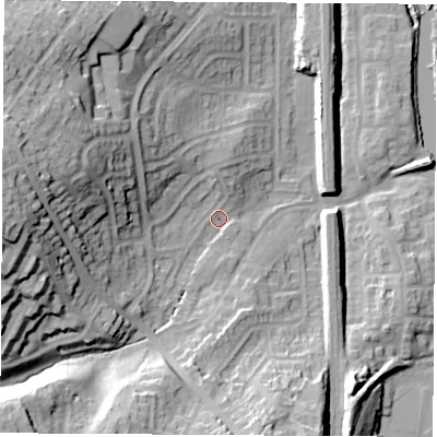 Shaded relief map of the ground around S648SS, computed from Environment Agency LiDAR. The ground here sits at about 23 m above sea level and falls 38 m across the surrounding 800 m. Surface water reaching this point runs off ground lying to the west, 31.6 m higher.
