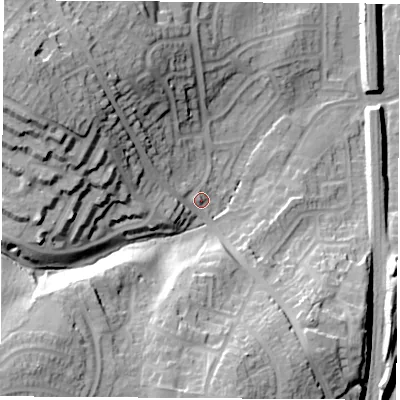 Shaded relief map of the ground around S648SW, computed from Environment Agency LiDAR. The ground here sits at about 30 m above sea level and falls 42 m across the surrounding 800 m. Surface water reaching this point runs off ground lying to the west-north-west, 28.5 m higher.