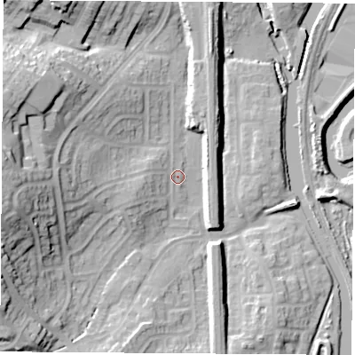 Shaded relief map of the ground around S648SX, computed from Environment Agency LiDAR. The ground here sits at about 21 m above sea level and falls 33 m across the surrounding 800 m. Surface water reaching this point runs off ground lying to the west, 2.2 m higher.