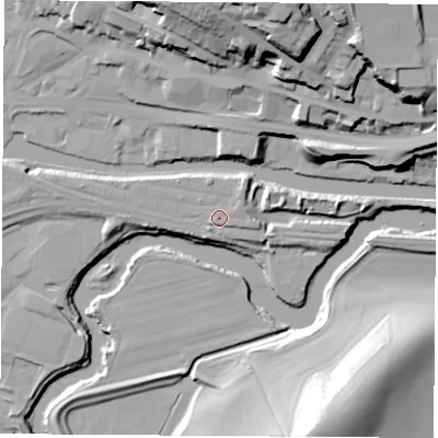 Shaded relief map of the ground around S649AQ, computed from Environment Agency LiDAR. The ground here sits at about 19 m above sea level and falls 41 m across the surrounding 800 m. Surface water reaching this point runs off ground lying to the west, 1.6 m higher.