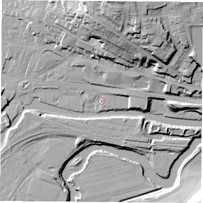 Shaded relief map of the ground around S649HU, computed from Environment Agency LiDAR. The ground here sits at about 18 m above sea level and falls 48 m across the surrounding 800 m. Surface water reaching this point runs off ground lying to the north-east, 3.2 m higher.